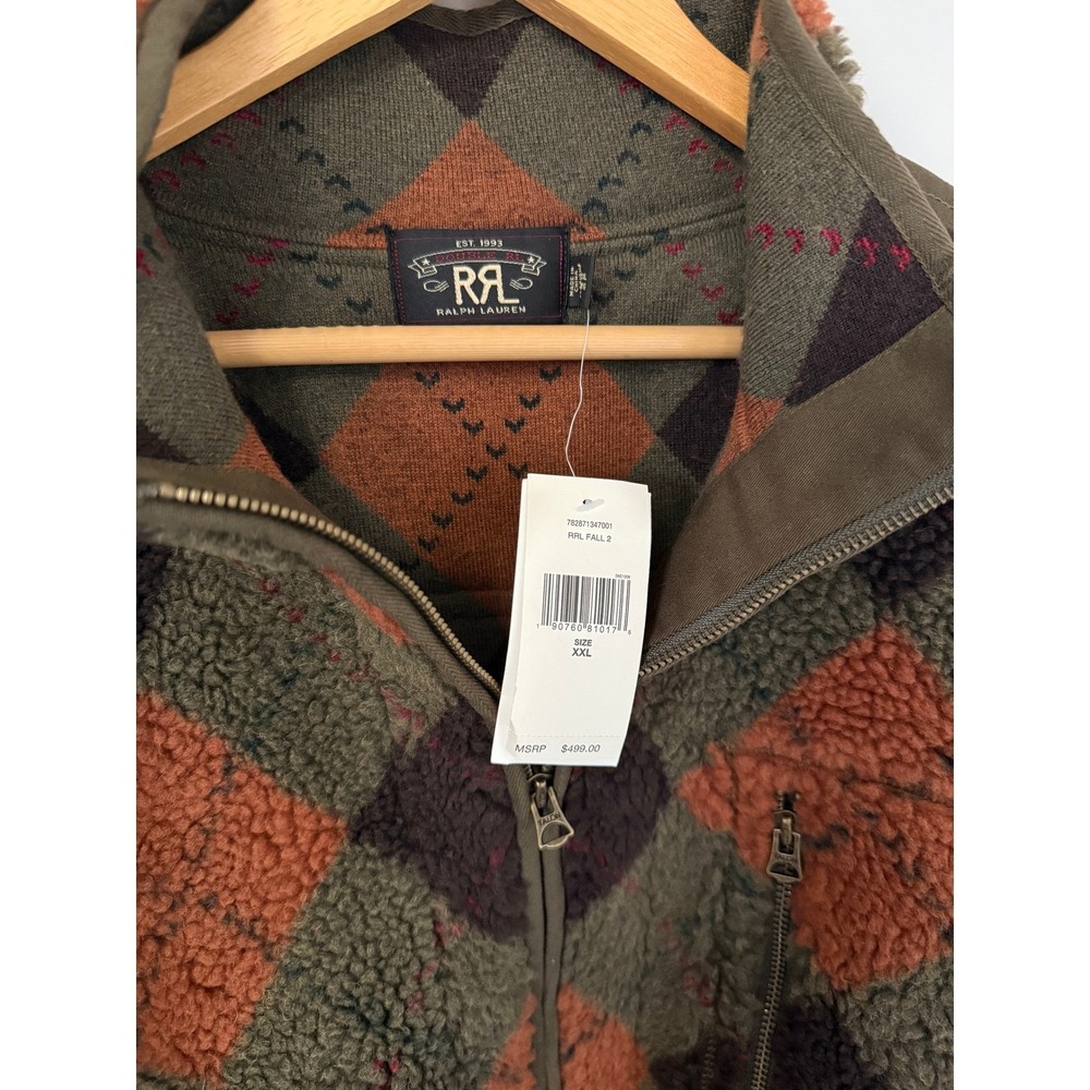 NWT RRL Ralph Lauren Argyle Pile Fleece Liner Jacket Mens XXL Olive 620637 - Picture 4 of 9